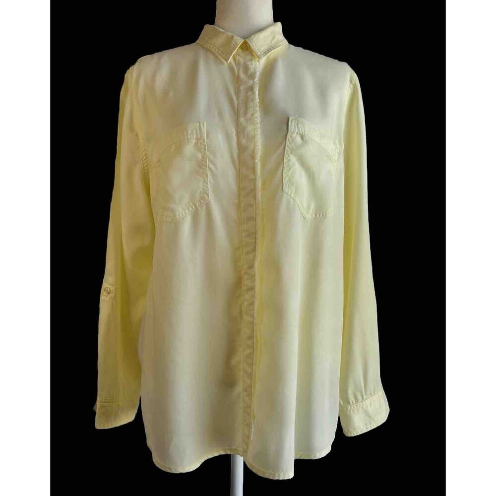 Chicos Women’s Tunic Top Sz 3 XL Yellow Collar Frayed Roll Tab Long Sleeve